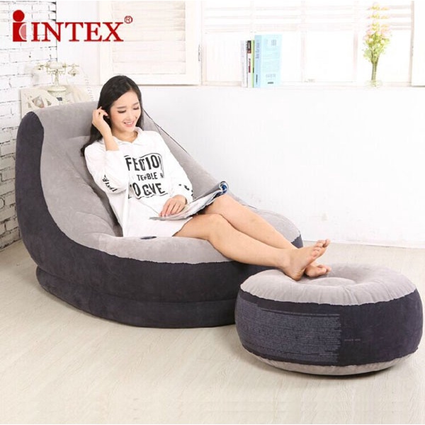 Ghế lười bơm hơi sofa chính hãng Intex - Sofa kèm đôn - Thư giãn nghỉ ngơi bề mặt nhung êm ái - Màu cafe