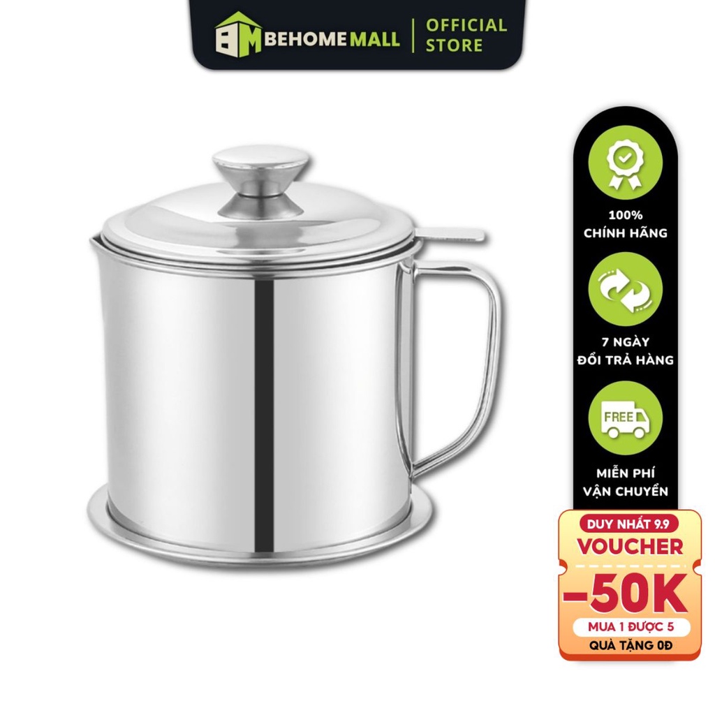 Ca lọc dầu ăn Inox 304 BEHOME MALL hàng cao cấp có nắp, lưới lọc, thiết kế quai cầm tiện lợi 0011