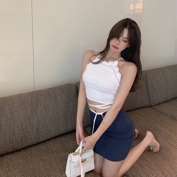 【ZHELIHANGFEI】 / Áo Dệt Kim Hai Dây Thắt Dây Gợi Cảm