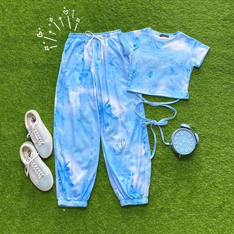 Set áo croptop cột dây + jogger pant tiedye loang màu