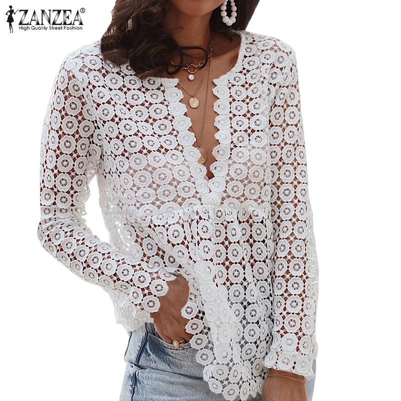 Áo kiểu ZANZEA tay dài phối ren xuyên thấu phong cách vintage thời trang dành cho nữ