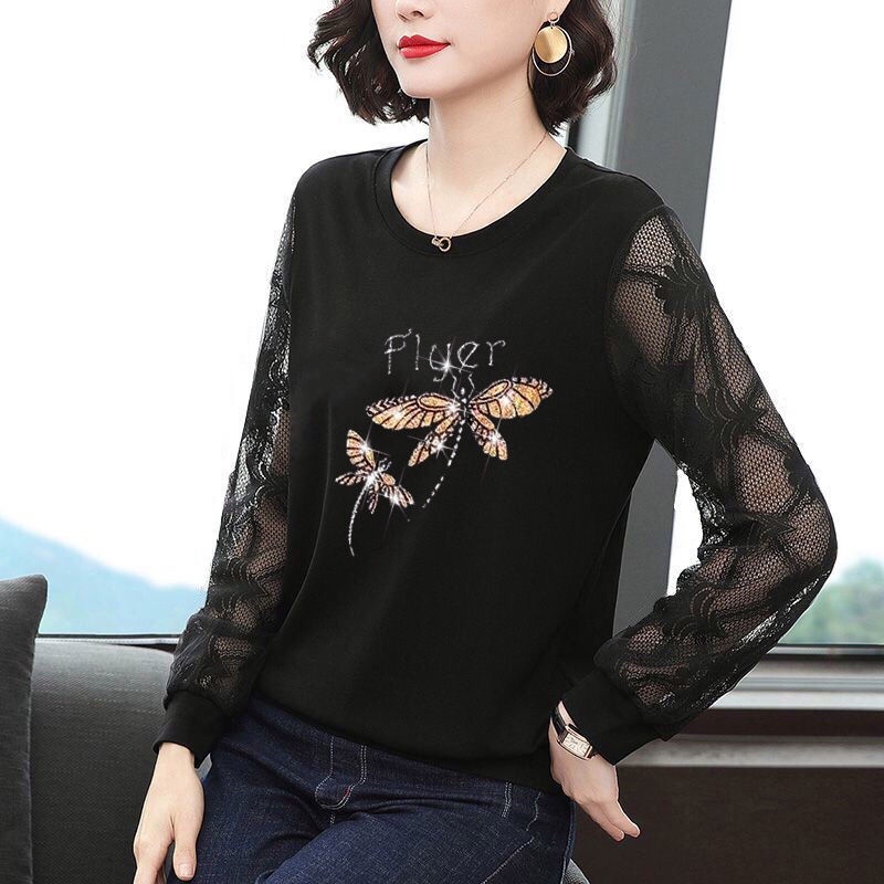 Áo thun tay dài phối ren thời trang xuân thu cho phụ nữ trung niên