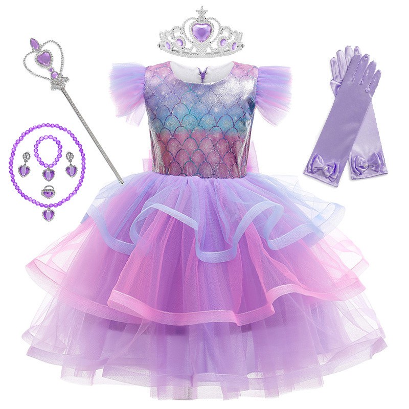 Đầm Hóa Trang Nàng Tiên Cá Phối Lưới Hở Lưng Màu Tím Xinh Xắn Cho Bé Gái