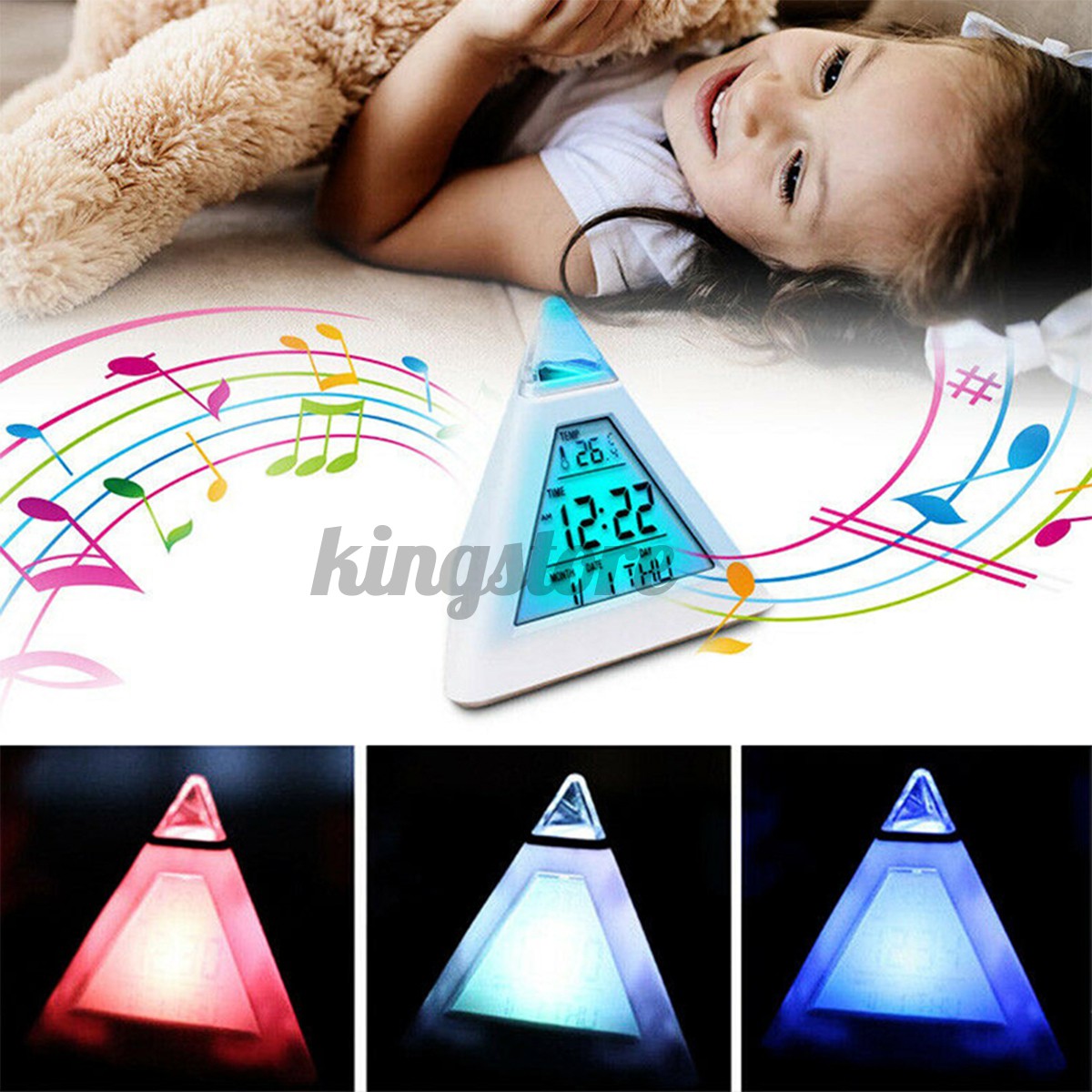 3.9x3.9x4in LCD 7 Colour Changing Triangle Digital Alarm Clock Night Light Bedside Desk Lamp