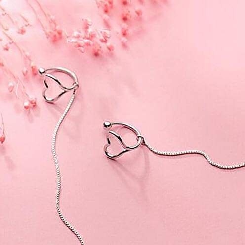 Khuyên tai bạc 925 khuyên kẹp vành trái tim tua sợi