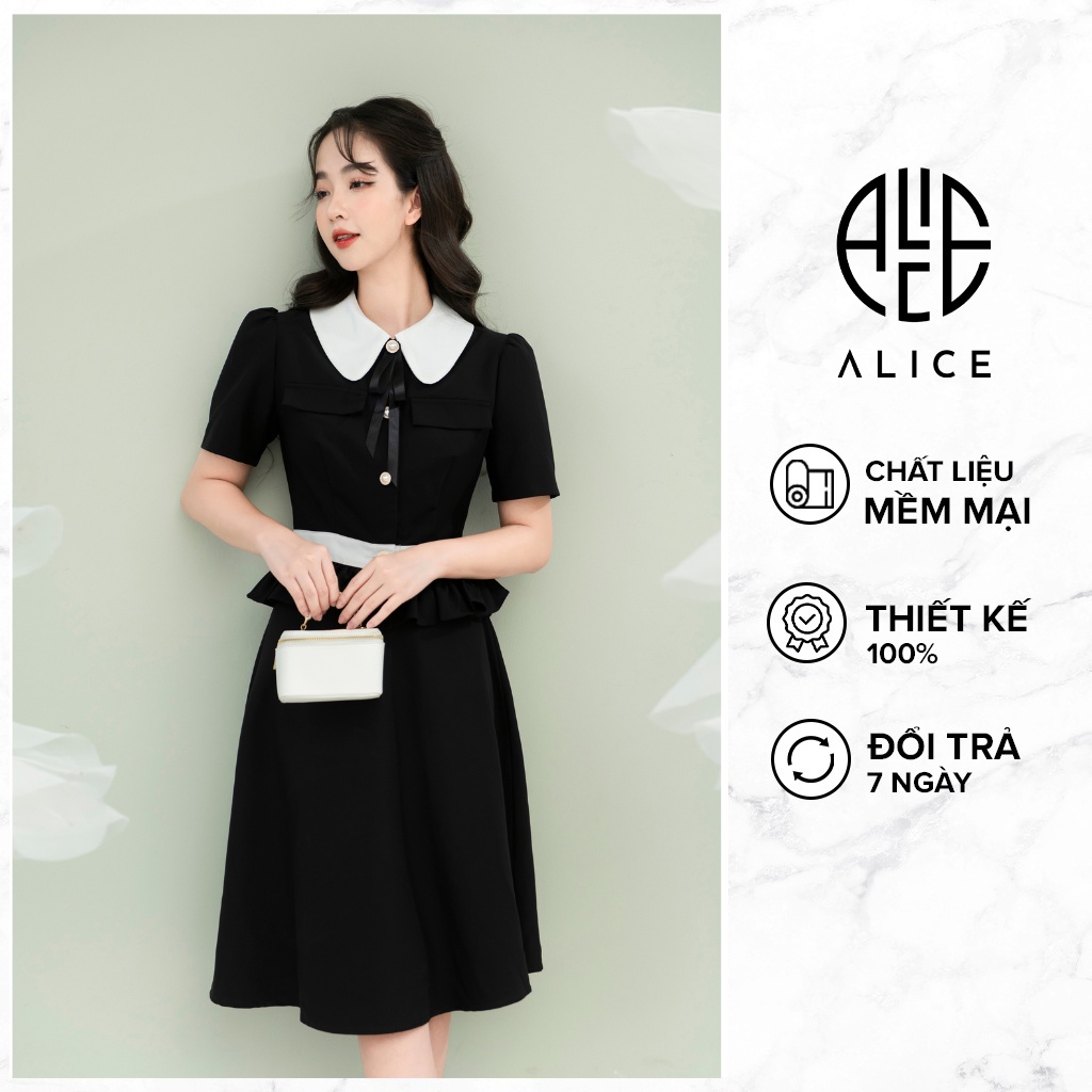 Set Đồ Nữ Sang Chảnh Chân Váy Xoè Áo Cúc Ngọc Đính Nơ Đai Eo ALICE Chất Vải 2 Biên Lót Lụa Mềm Mịn Co Giãn Nhẹ S1029