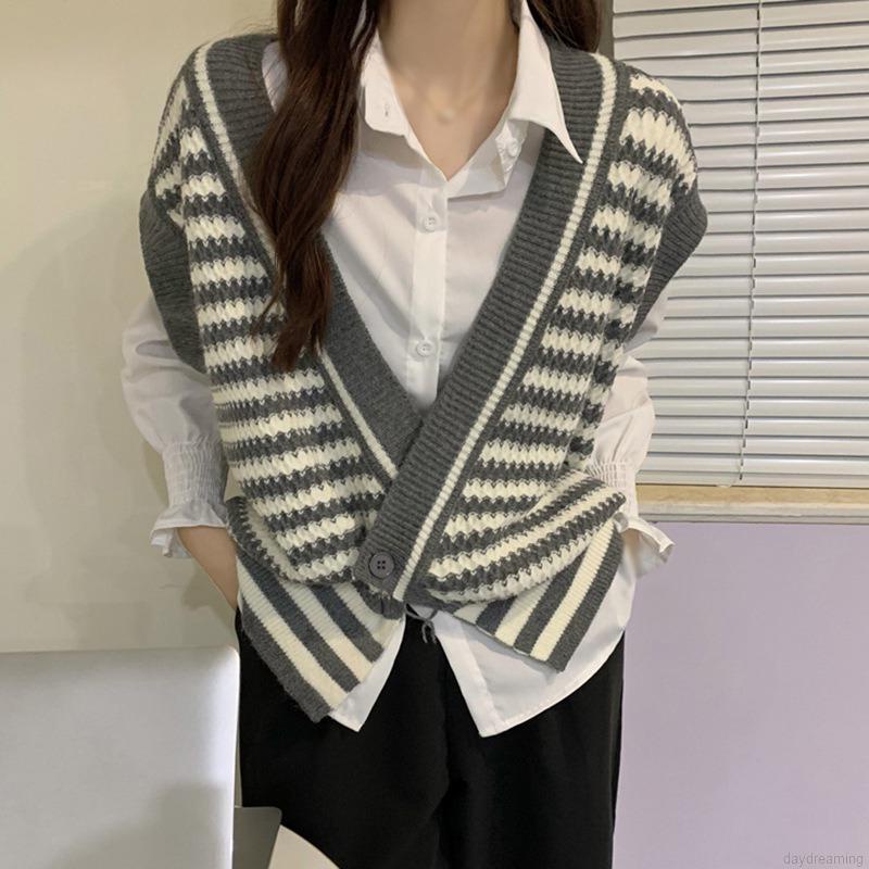 Áo khoác cardigan không tay cổ chữ v họa tiết kẻ sọc phong cách retro