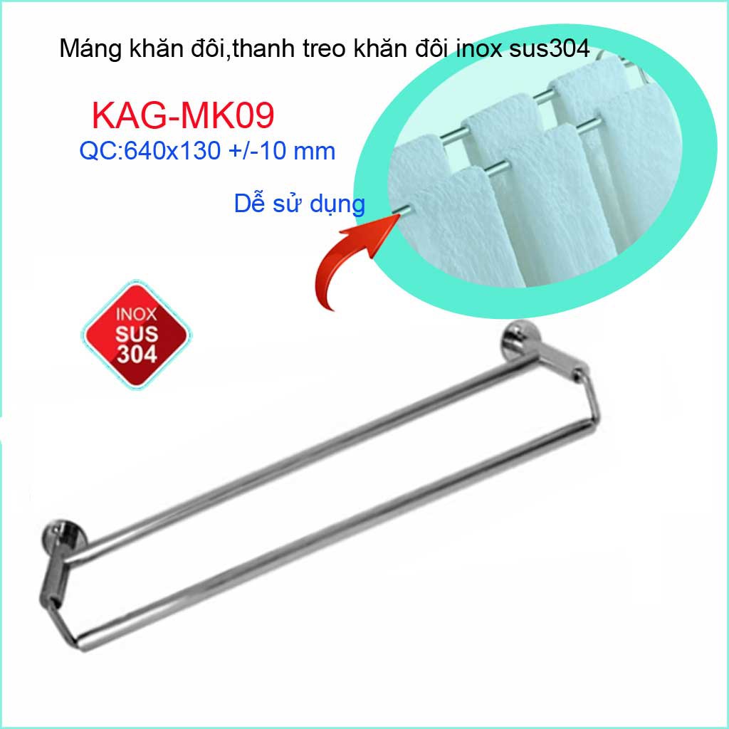 Thanh treo khăn đôi nhà tắm, giá treo khăn Inox, máng khăn KAG-MK09