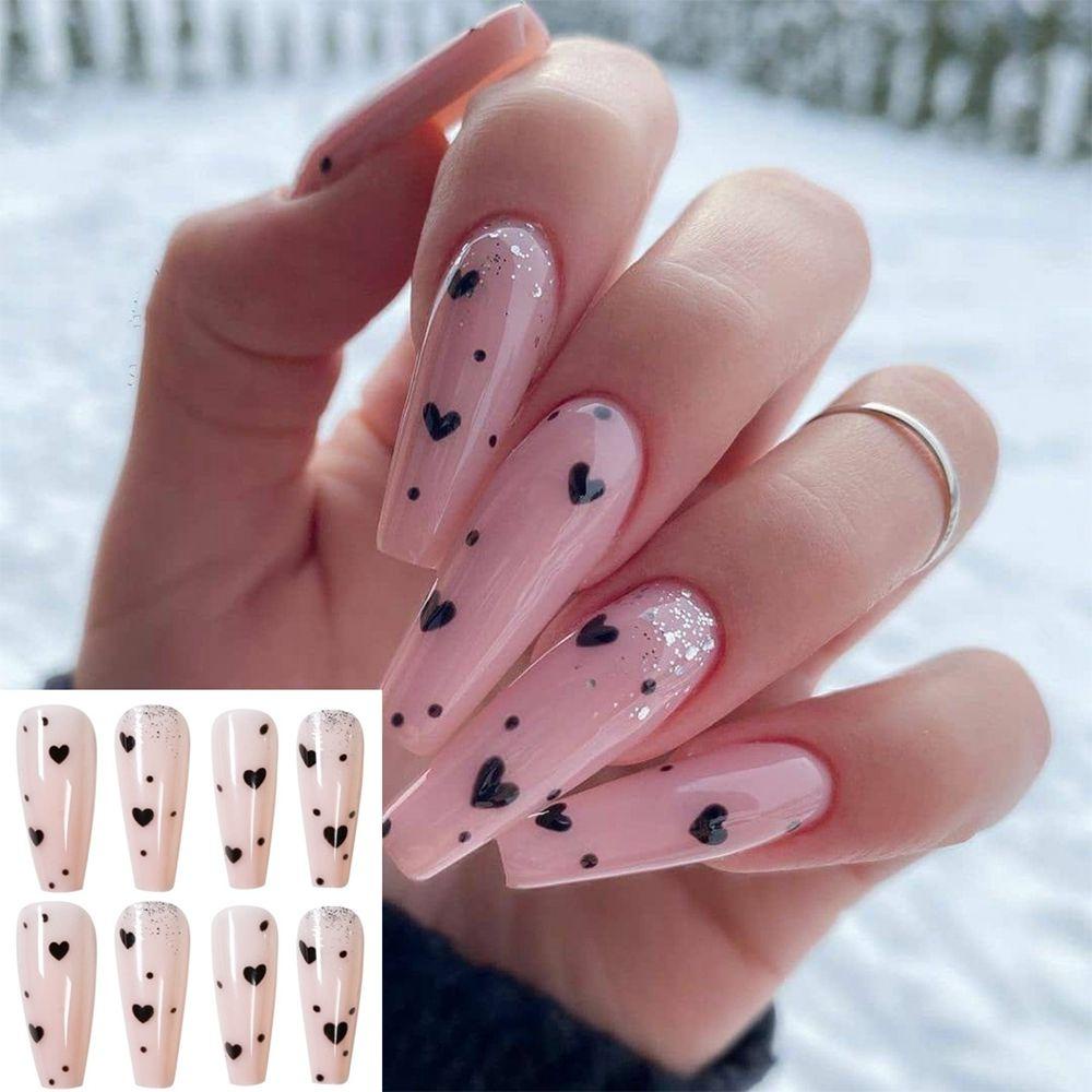 Bộ 24 Móng Tay Giả Múa Ba Lê Trái Tim Che Phủ Toàn Diện Có Thể Tháo Rời