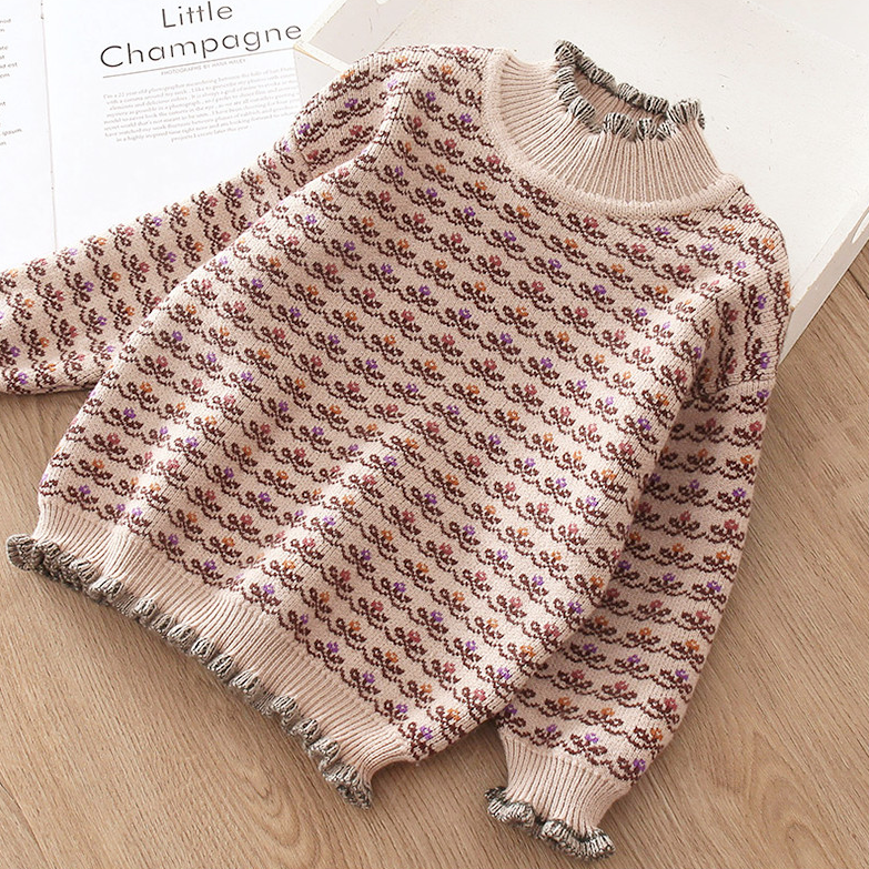 NNJXD Áo sweater dệt kim tay dài họa tiết hoa thời trang thu đông xinh xắn dành cho bé gái