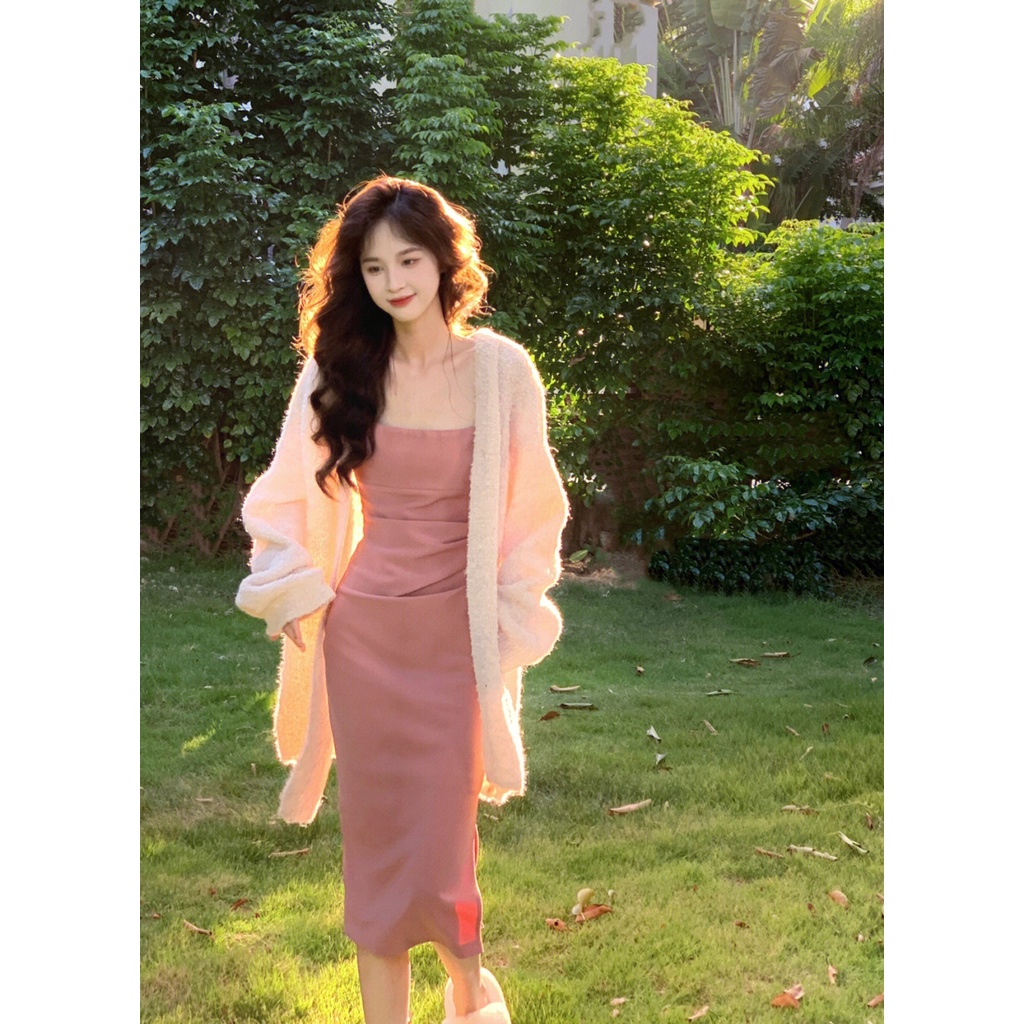 Set váy hai dây tôn dáng ôm body MORAn tiểu thư nhẹ nhàng + Áo len cardigan dáng dài