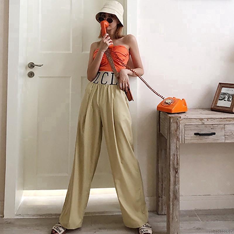 Quần ống rộng lưng thun cao màu trơn chất liệu co giãn thoải mái | BigBuy360 - bigbuy360.vn