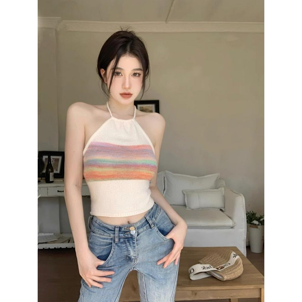 QKOOLE Áo Croptop Hai Dây Hở Lưng Họa Tiết Kẻ Sọc Nhiều Màu Sắc Thời Trang Mùa Hè Quyến Rũ Cho Nữ