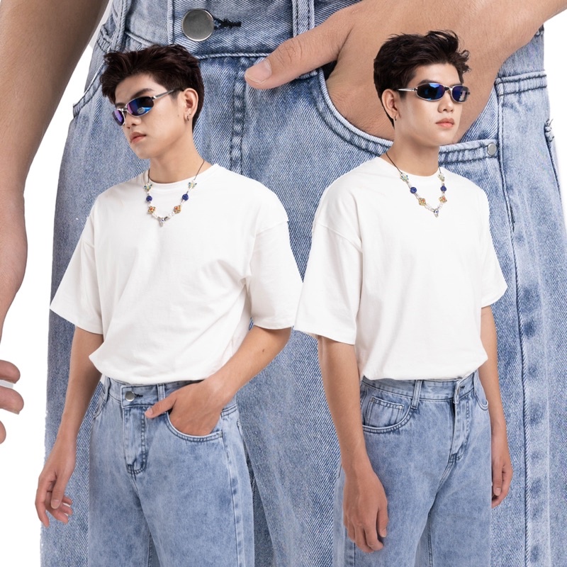 KIẾM LÀ MỐT FUNKY - quần jeans nam dài ống rộng màu xanh wash lai tua