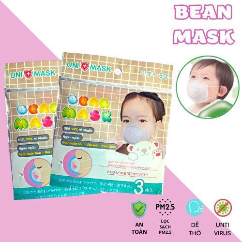 Set 3 Khẩu Trang Hình Gấu 3D UNI MASK Cho Bé 0-2 Tuổi Cho Bé Siêu Kháng Khuẩn Chống Bụi Mịn