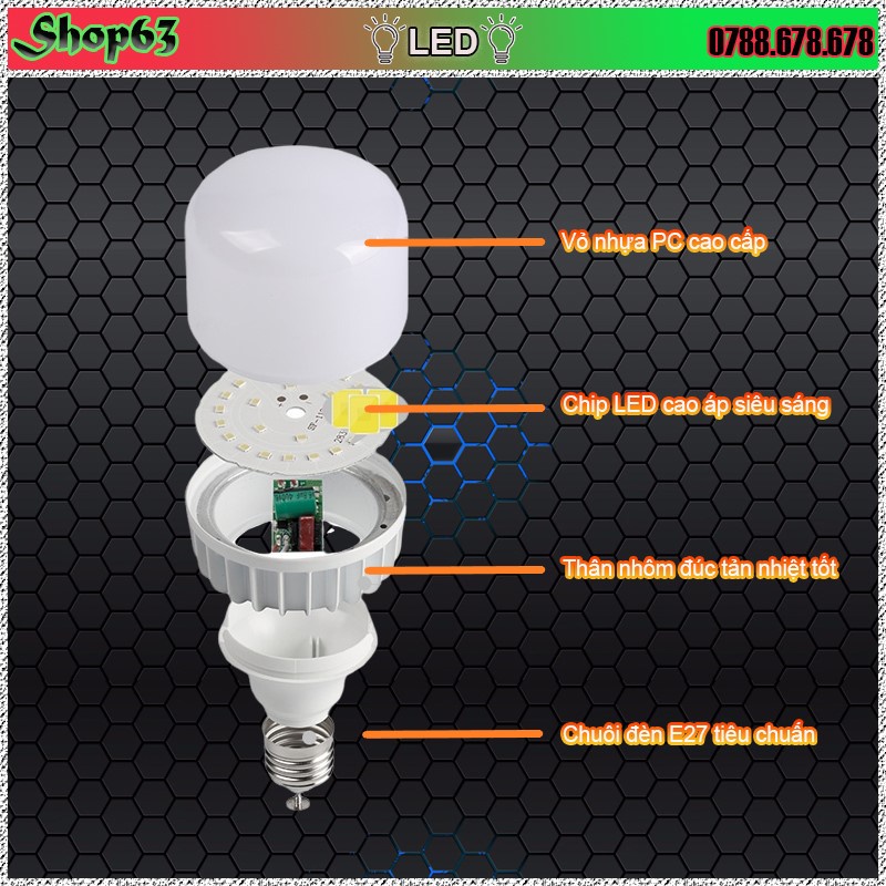 Combo bóng đèn LED trụ tròn nhôm đúc 50W và bộ đuôi đèn E27 có công tắc dây 5 mét