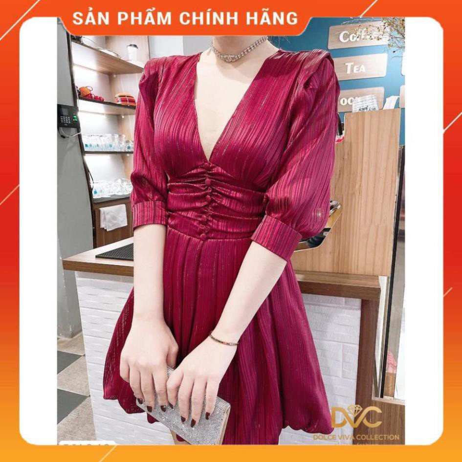 Váy xòe nhún eo, lụa Nhật cao cấp, sang trọng ❤️ Freeship ❤️ thiết kế cổ V khoét sâu với hàng cúc tôn vòng 1 gợi cảm