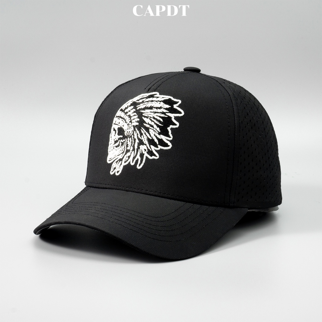 Mũ lưỡi trai chính hãng CAPDT, nón nam nữ unisex trucker thêu logo đầu lâu thổ dân màu đen DT07