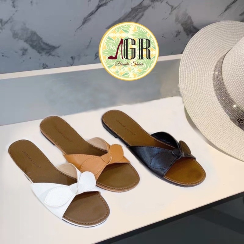 Dép mũi tròn bản nơ ú thắt lót nâu