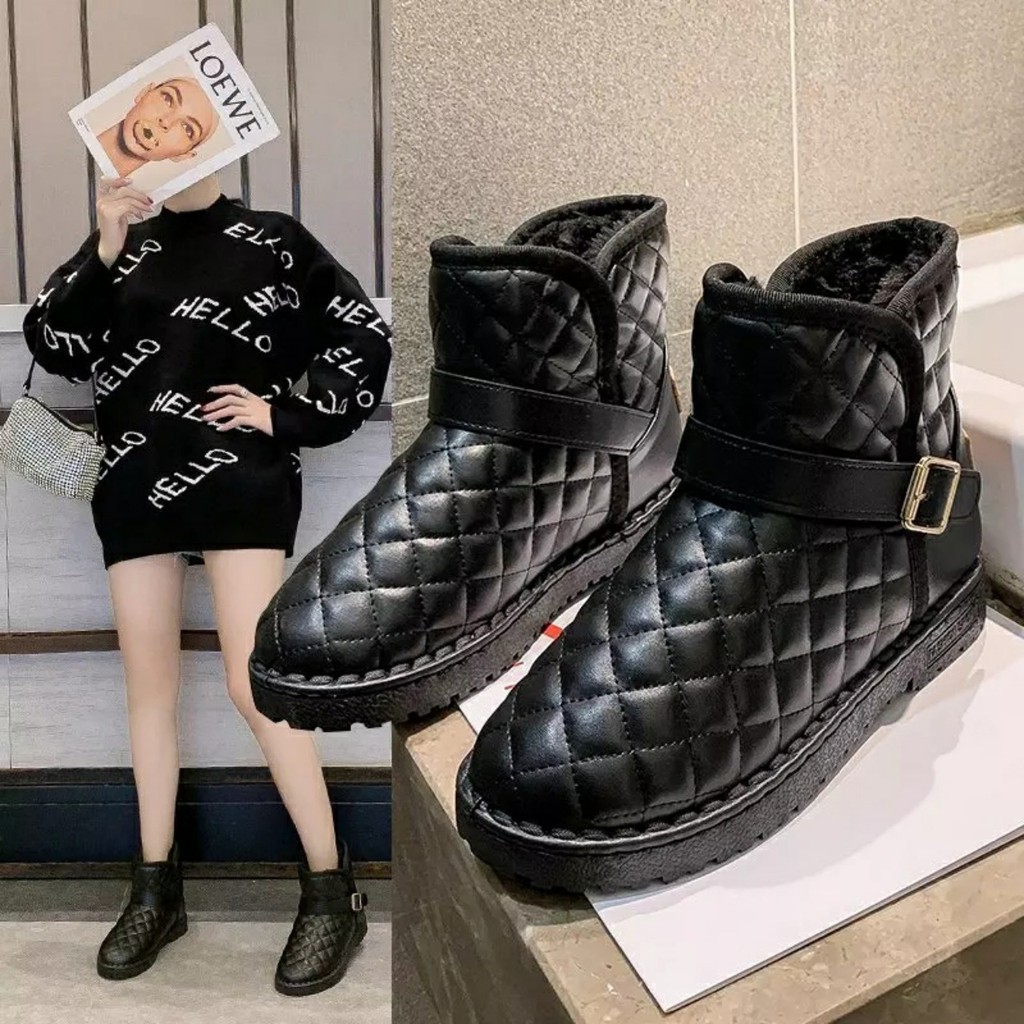 Boot Đế Thấp Phối Họa Tiết Ô Trám Lót Lông Siêu Ấm Siêu Xinh 2021