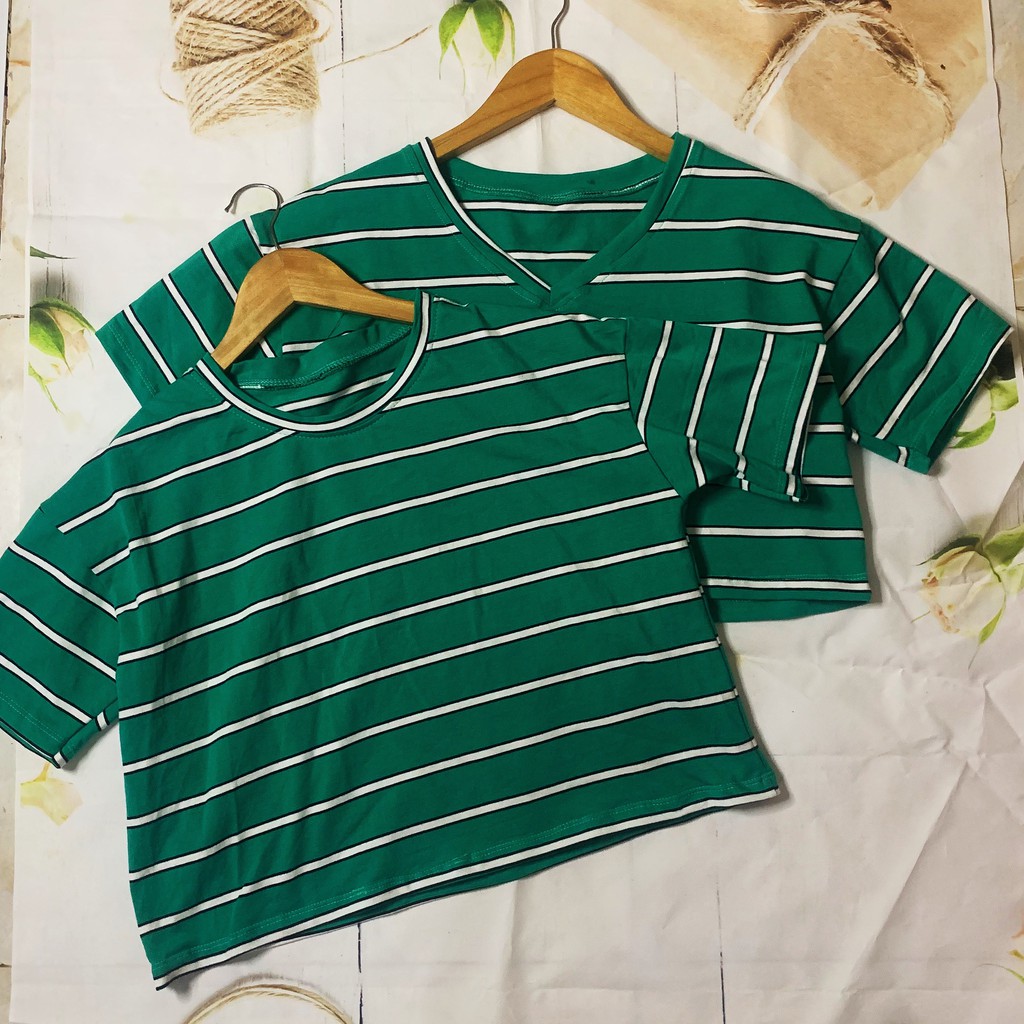 Áo thun croptop sọc xanh chất cotton xịn siêu xinh có cả cổ tim và cổ tròn