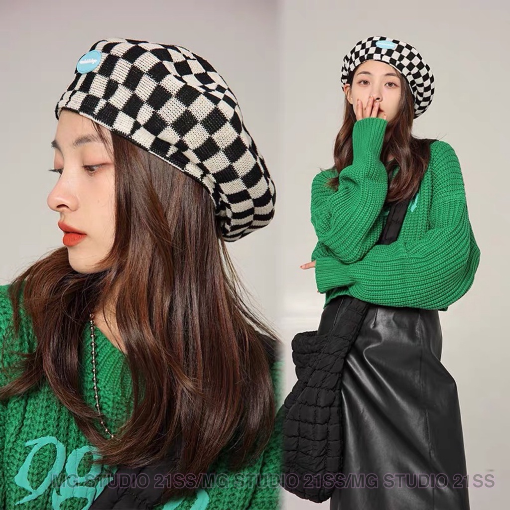 Mũ beret MG STUDIO cotton họa tiết sọc ca rô thời trang
