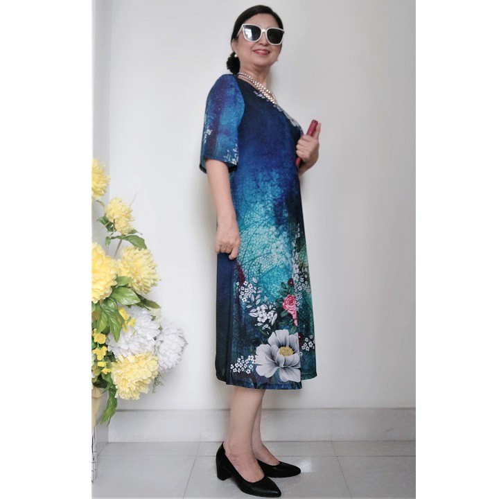 Váy Đầm Trung Niên Vải Voan In 3D - Form A Che Bụng - 2 Lớp, Có Dây Kéo - 50Kg Đến 80Kg | BigBuy360 - bigbuy360.vn