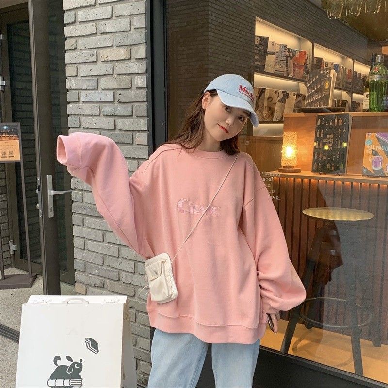 CHANC Sweater hồng form rộng Hàng Quảng Châu