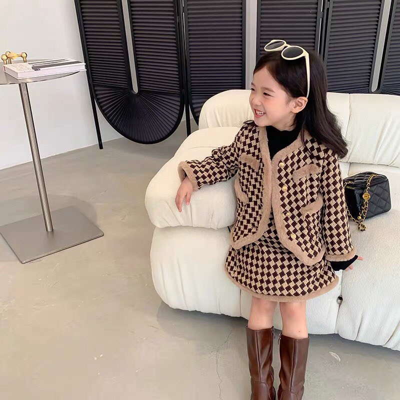 SET ÁO KHOÁC DẠ CHÂN VÁY KẺ CHO BÉ ♥️♥️️ TẶNG KẸP XINH + FREESHIP ♥️♥️️SET VÁY DẠ HÀN QUỐC MÀU CỰC TÂY VÀ SANG CHẢNH