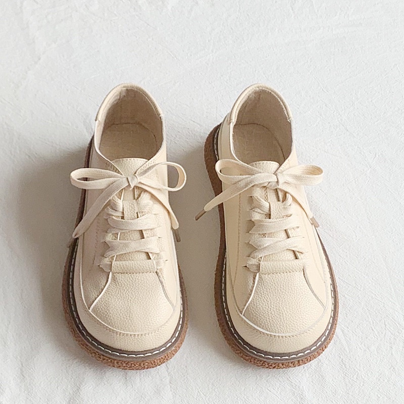 Giày Bánh Mì Nữ Da Mềm, Giày Oxford Buộc Dây Đế Bằng Xinh Xắn