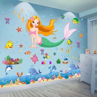 Decal dán tường nàng tiên cá và chân tường cá voi