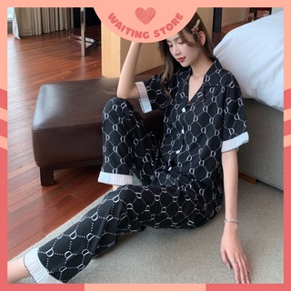 Pijama- Đồ Bộ Ngủ Áo Ngắn Quần Dài Vải Lụa Họa Tiết Chữ D Đen Trắng CDLP05