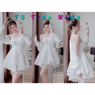 Set đầm 2 dây trắng xốp đan dây ngực kèm áo khoác trắng