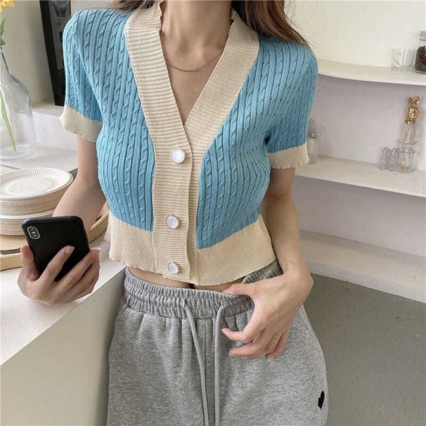 Áo phông dệt kim U GONNA S cổ chữ V ngắn tay ngắn đơn giản cổ điển phong cách thể thao co giãn siêu mềm bốn màu cho nữ