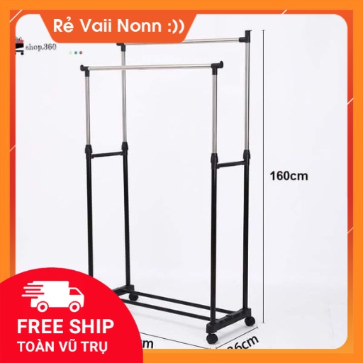 Cây phơi đồ inox 2 tầng thông minh có bánh xe di chuyển  - Siêu tiện lợi - tháo lắp đơn giản