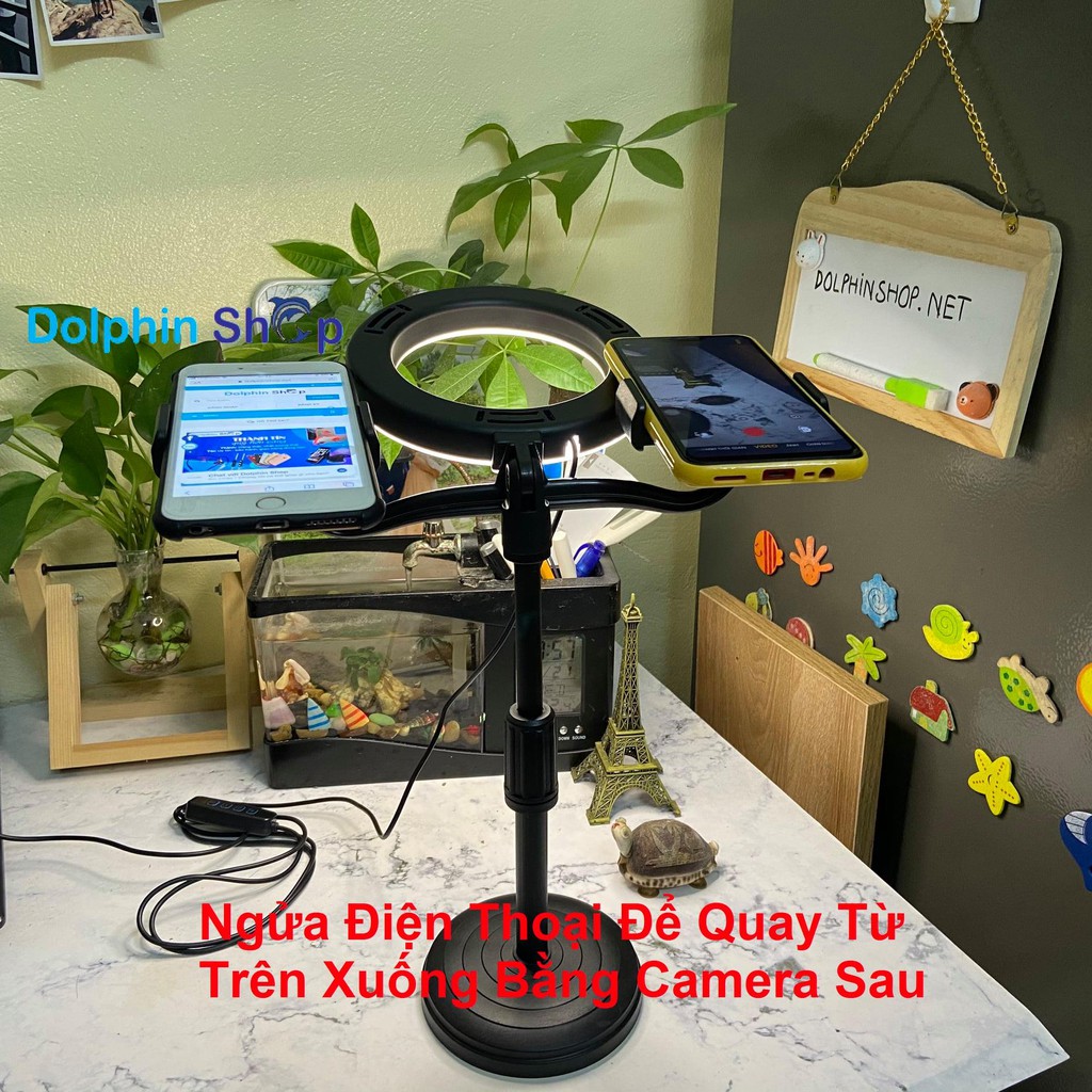 [Có Clip] Đèn Livestream Để Bàn Size 16cm Kèm Giá Đỡ 2 Điện Thoại Cùng Lúc | BigBuy360 - bigbuy360.vn