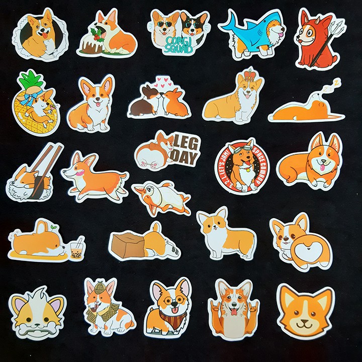 Bộ Sticker dán cao cấp chủ đề CHÚ CHÓ CORGI - Dùng dán Xe, dán mũ bảo hiểm, dán Laptop...