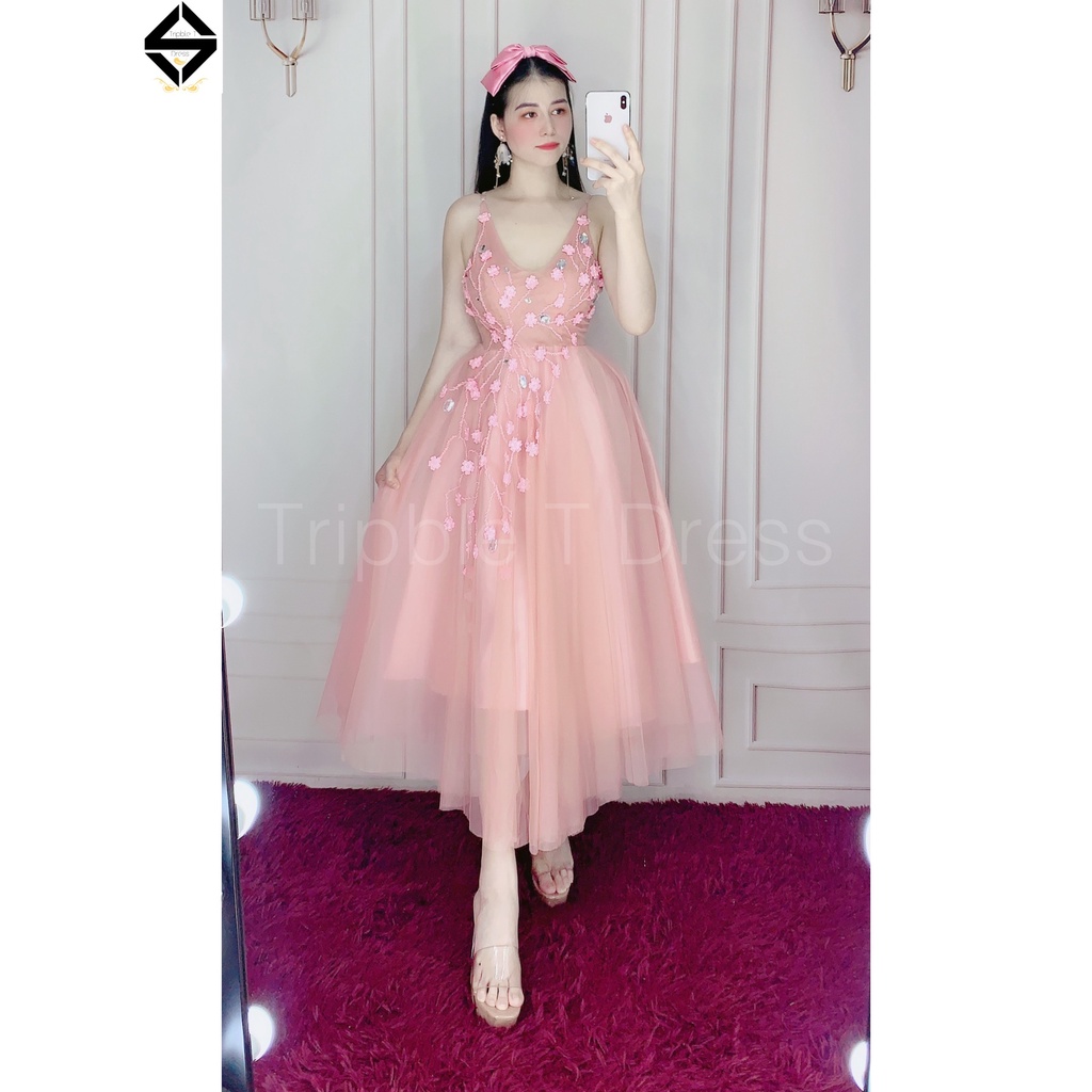 Đầm dự tiệc 2 dây kết cườm và hoa mai nổi TRIPBLE T DRESS - size M/L - MS301V