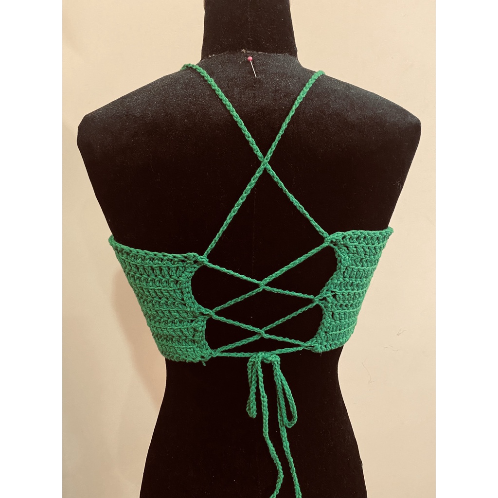 Áo croptop len móc thắt dây lưng màu xanh lá