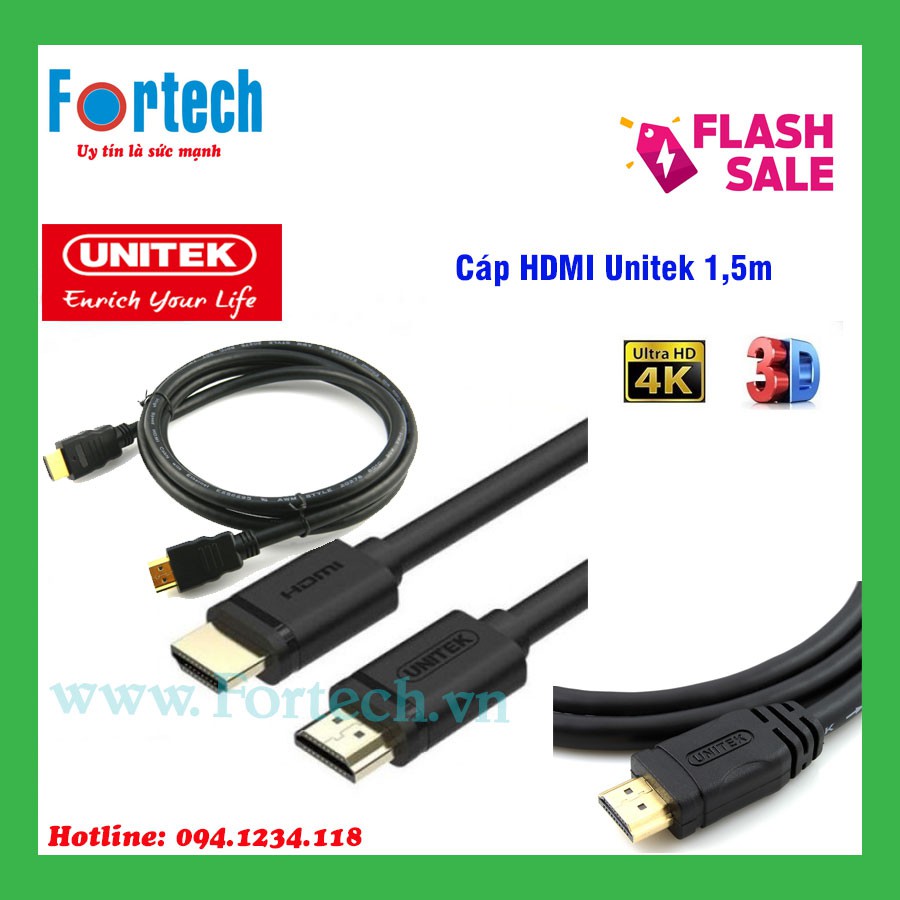 Cáp HDMI Unitek 1,5m Y-C137 - hỗ trợ 4K Ultra HD và 3D