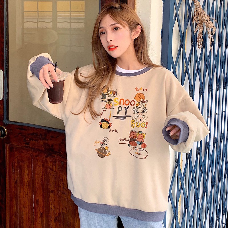Áo Sweater Nữ Form Rộng Unisex Nỉ Bông Mặc Nhà Đi Chơi Màu Be Thời Trang Ulzzang Hàn Quốc ATD02 | BigBuy360 - bigbuy360.vn