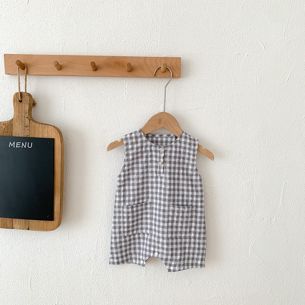 Bộ Áo Liền Quần Sát Nách Họa Tiết Ca Rô Thời Trang Mùa Hè Cho Bé Trai + Gái