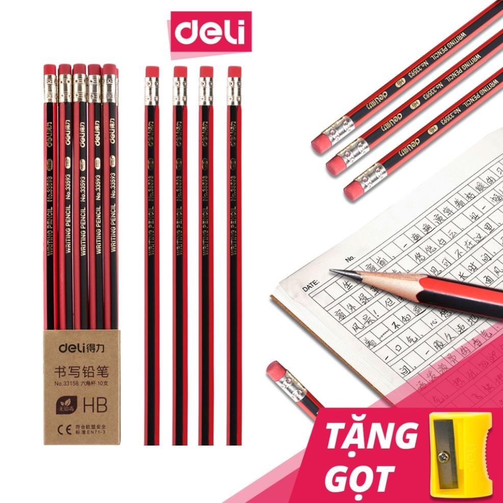 Bút chì lục giác Deli 2B/HB kèm đầu tẩy - bút chì gỗ dễ gọt phù hợp với học sinh, dân văn phòng, an toàn khi dùng