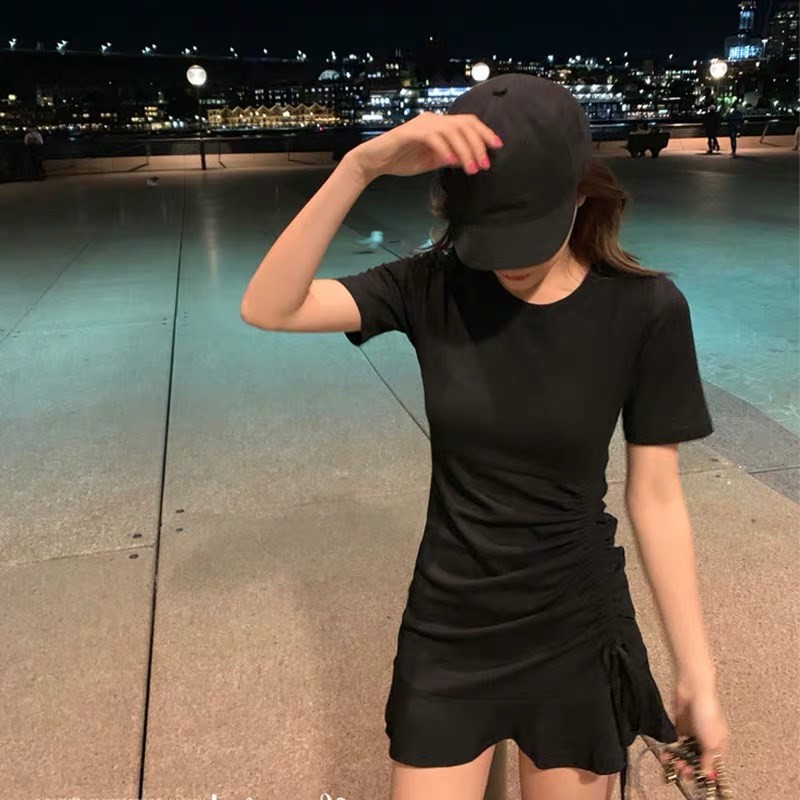 Xiaozhainv Đầm tay ngắn phối dây rút màu trơn phong cách Hàn Quốc | BigBuy360 - bigbuy360.vn