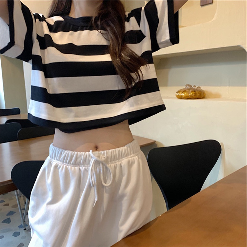 IELGY  Áo Thun Tay Ngắn Dáng Rộng Họa Tiết Kẻ Sọc Màu Đen Thời Trang Cho Nữ