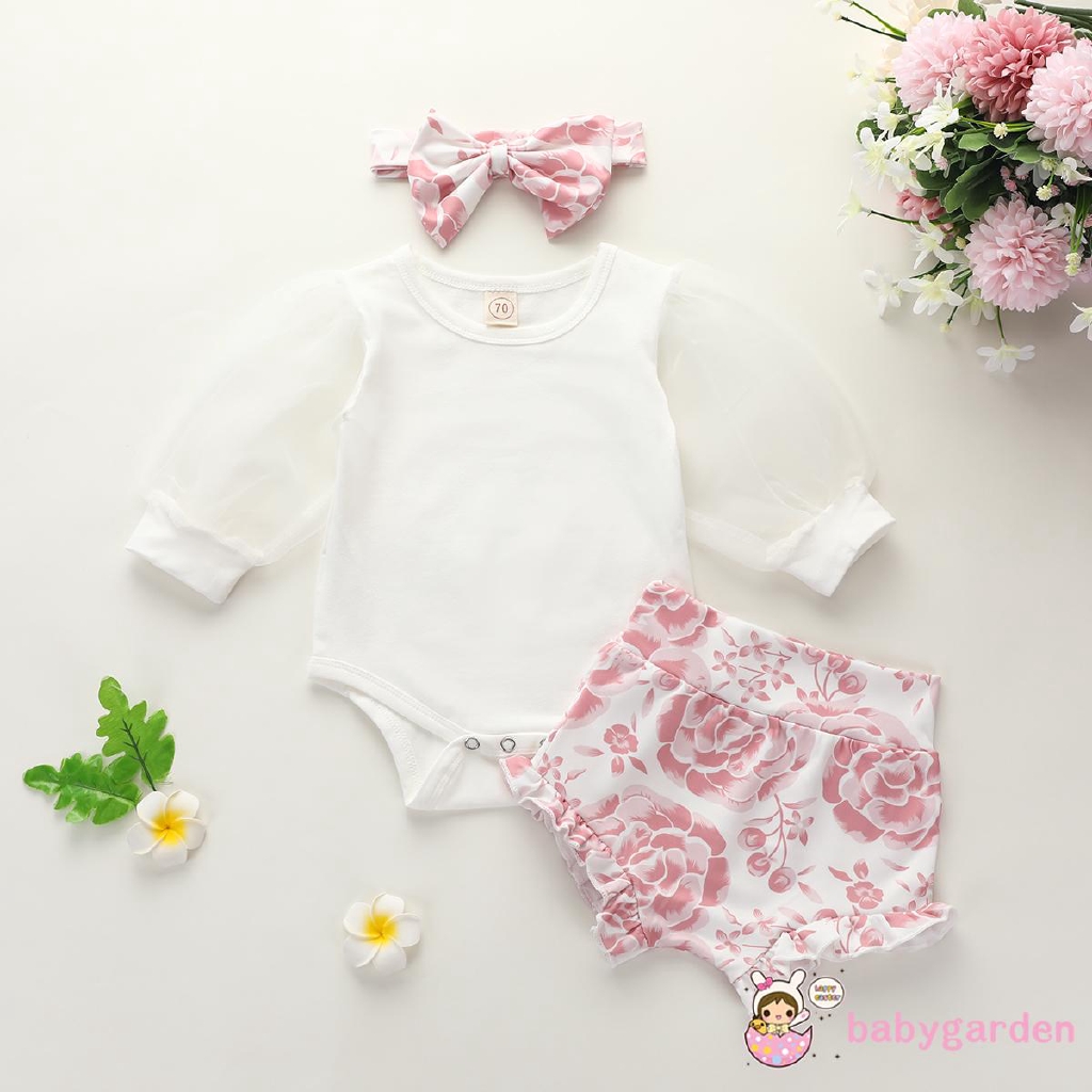 Set romper tay dài+quần đùi+băng đô xinh xắn đáng yêu dành cho bé
