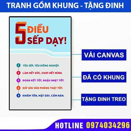 Tranh canvas 5 điều sếp dạy treo công ty nơi làm việc cực chất đã có khung siêu nhẹ dễ treo BH 5 năm miễn phí đổi trả