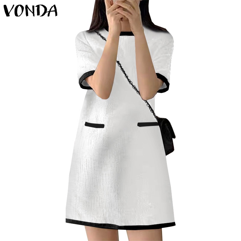 Đầm VONDA chữ A cổ tròn tay ngắn thời trang Hàn Quốc cho nữ