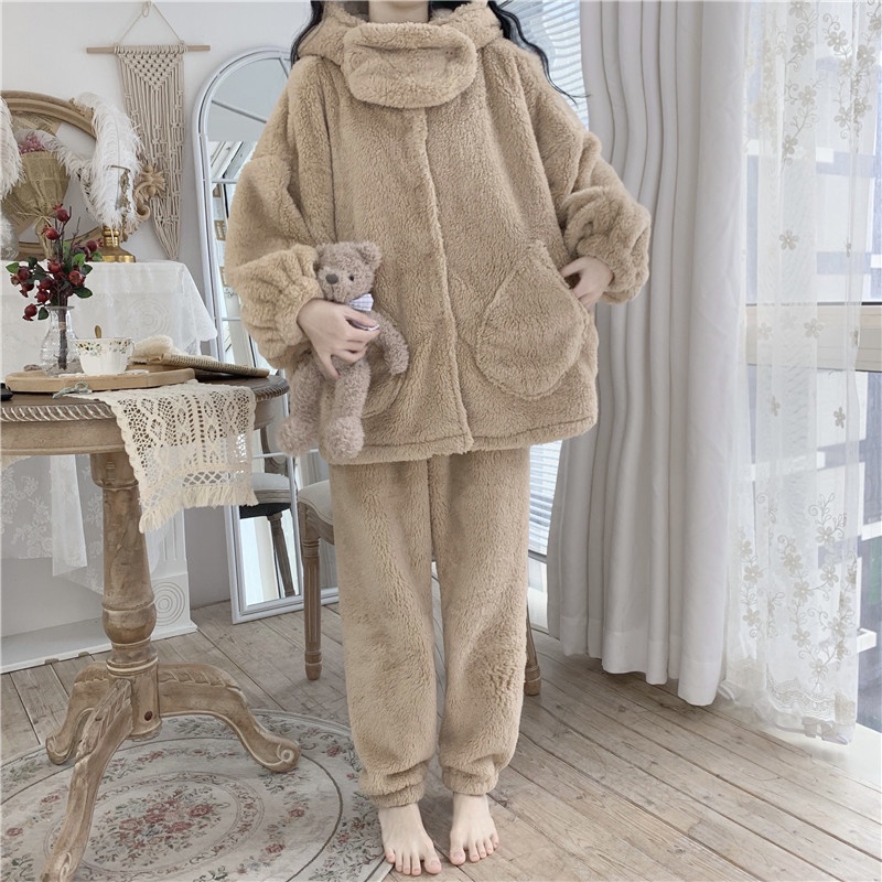 Bộ đồ ngủ mùa đông lông cừu giữ nhiệt tốt, nhung bông mềm mịn cho nữ siêu ấm, bộ mặc nhà nữ dày dặn có vòng cổ -THÔNGTHU | BigBuy360 - bigbuy360.vn