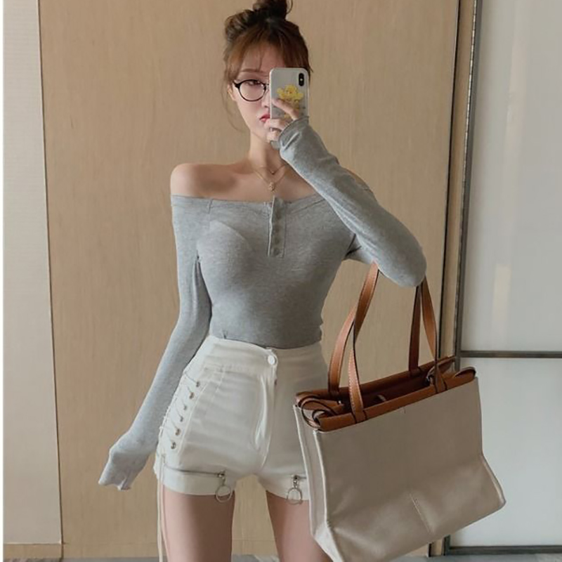 IELGY Áo Thun Crop top Tay Dài Một Mảnh Trễ Vai Eo Cao Cho Nữ